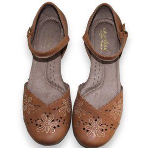 NATURAL SOUL TAN MARY JANES WITH FLORAL FRONT DESIGN